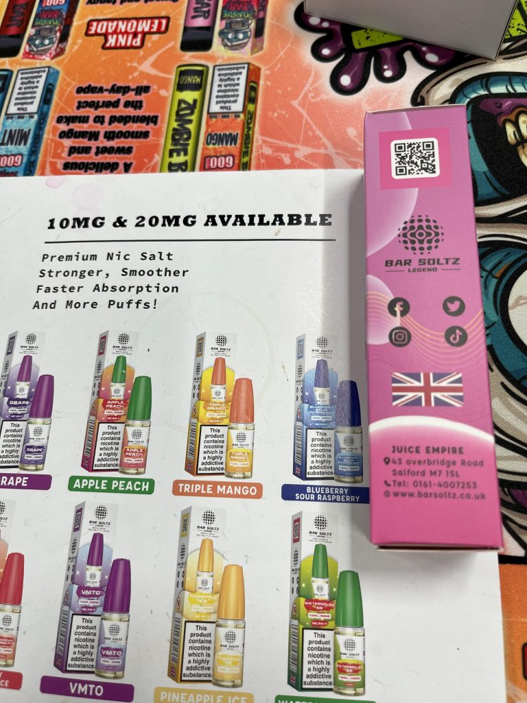 A regulated E juice bottle showing the British flag quality mark